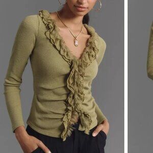 Anthropologie Olive Ruffle Long Sleeve Top